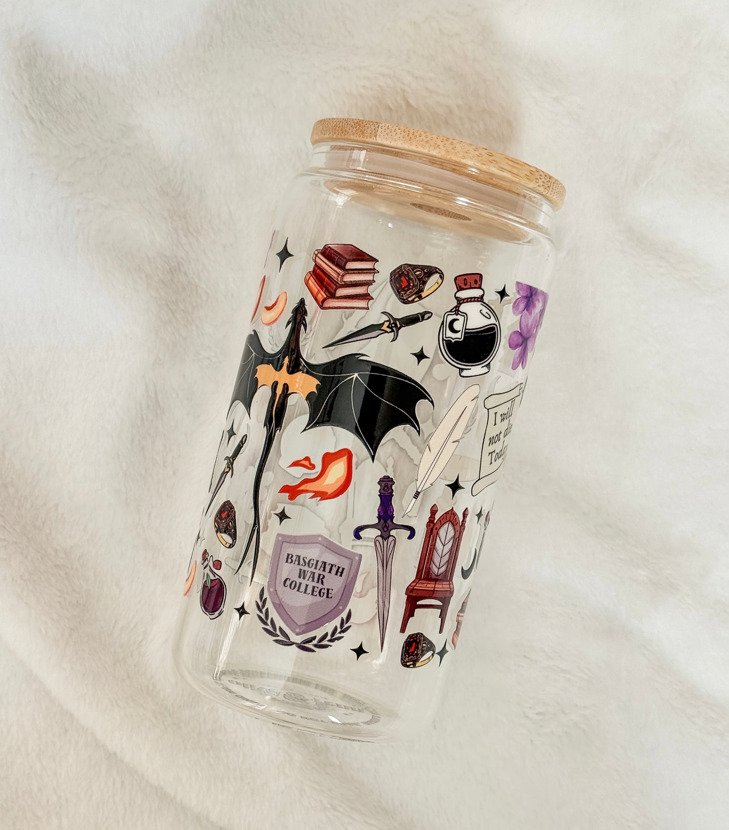 Clear tumbler with romantasy bookish elements