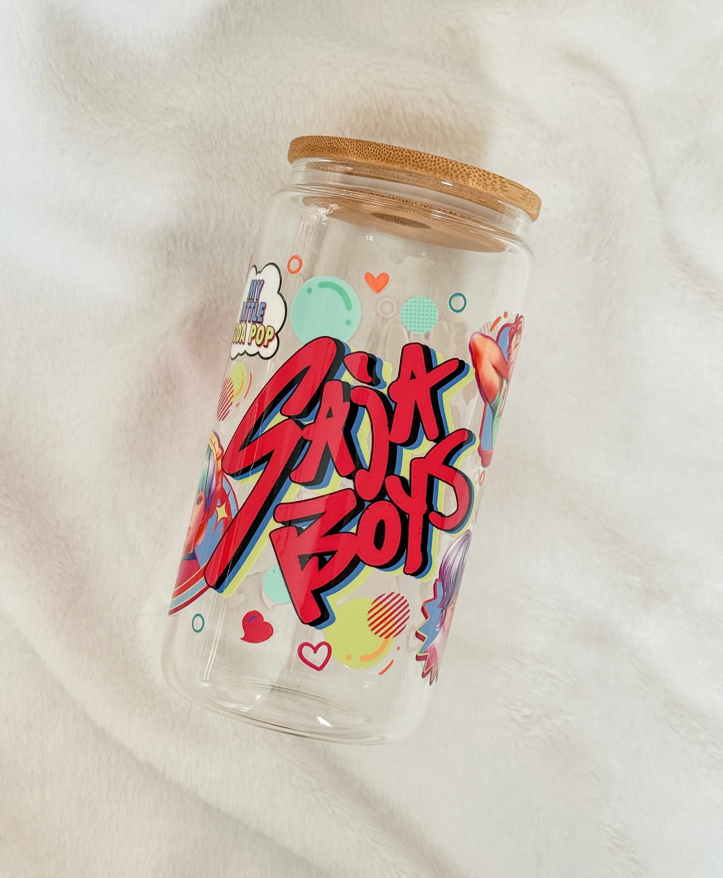 Glass tumbler with "Saja Boys" from KPop Demon Hunters on it
