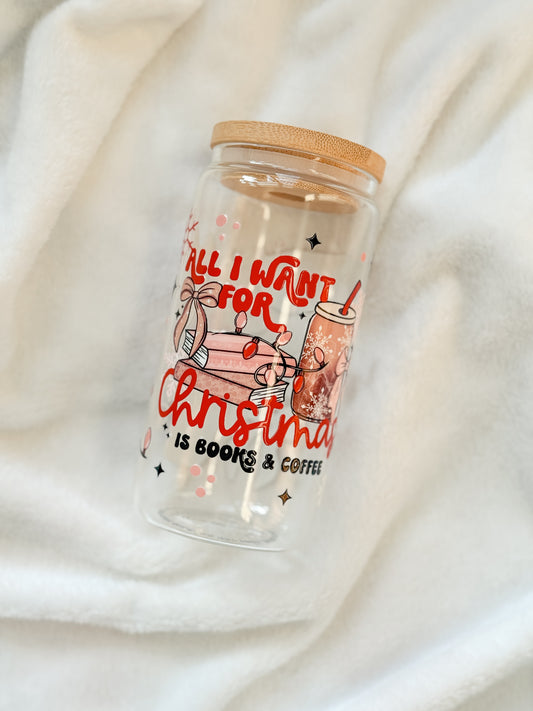 Glass Tumbler - Books & Coffee