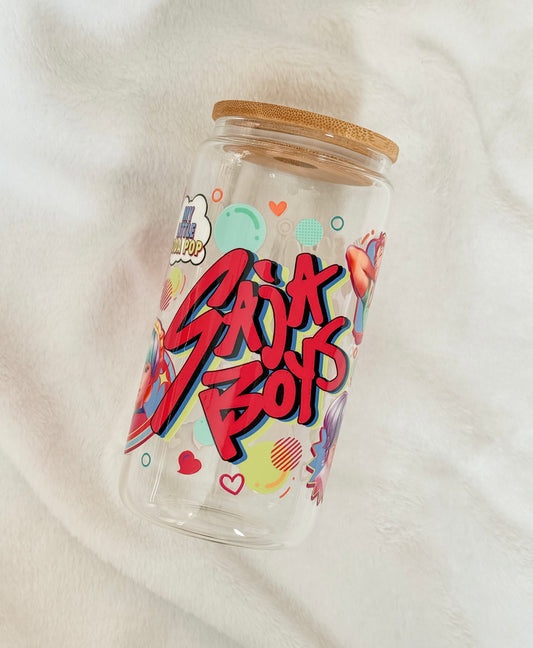Glass tumbler with "Saja Boys" from KPop Demon Hunters on it
